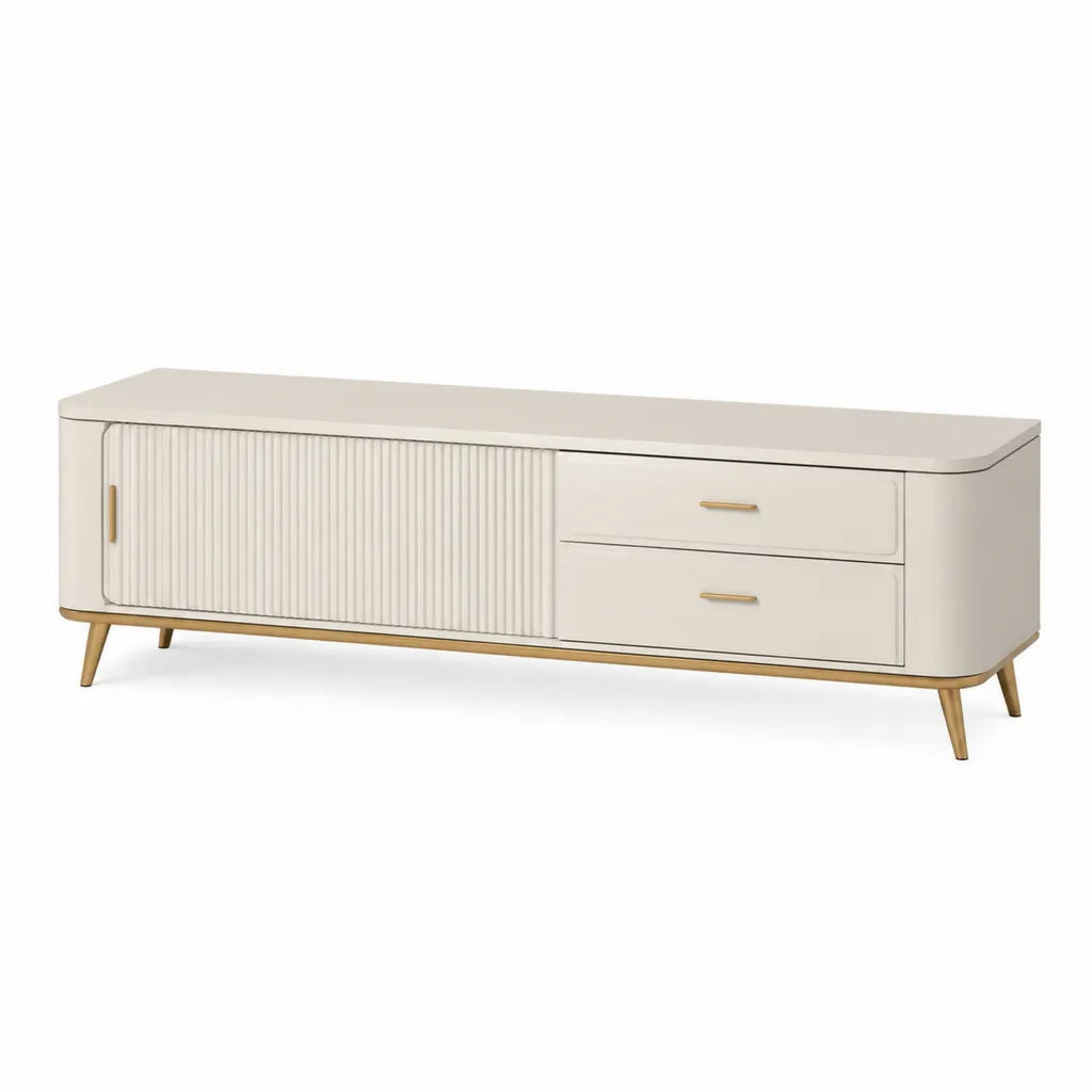 TV-Lowboard 180 x 40 x 55 cm aus MDF mit Riffel-Schiebetur cremefarben