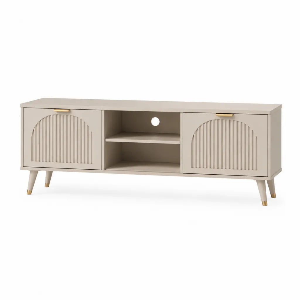 TV Lowboard 140 x 40 x 55 cm aus MDF rechteckig Beige mit 2 Turen und offenen Fachern