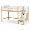 Kinderhochbett 90 x 200 cm rechteckig aus massivem Kiefernholz mit Treppe und vier Schubladen Weiss Natur