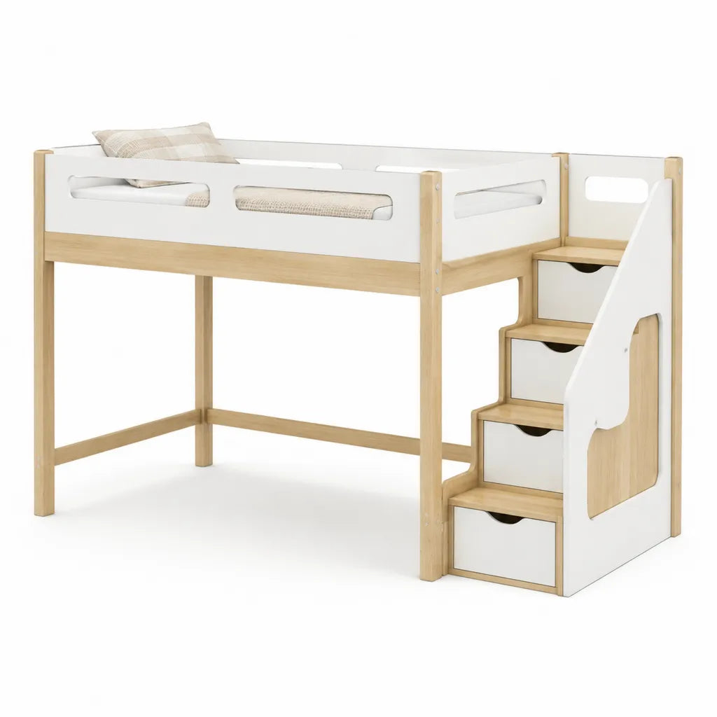 Kinderhochbett 90 x 200 cm rechteckig aus massivem Kiefernholz mit Treppe und vier Schubladen Weiss Natur