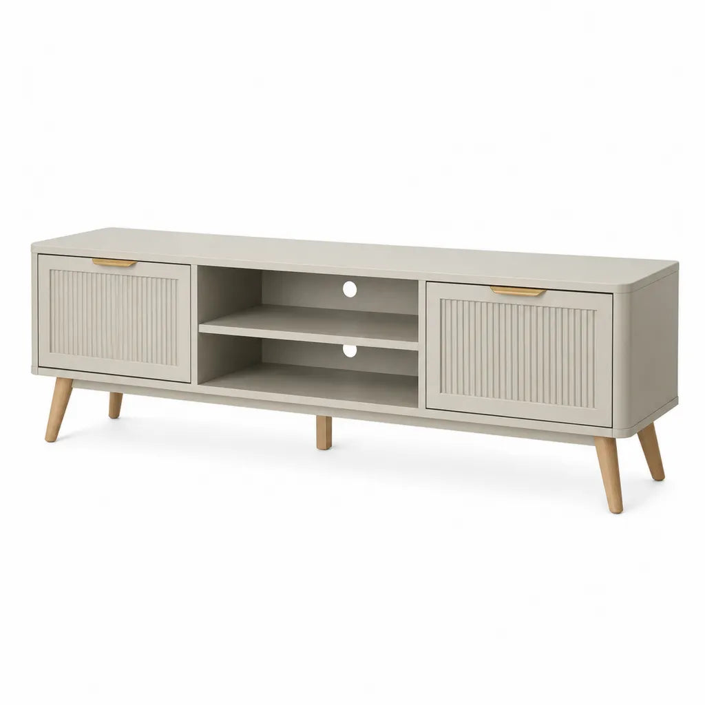 TV Lowboard 160 x 40 x 55 cm aus MDF mit Melaminharzbeschichtung rechteckig in Greige mit Naturholzbeinen