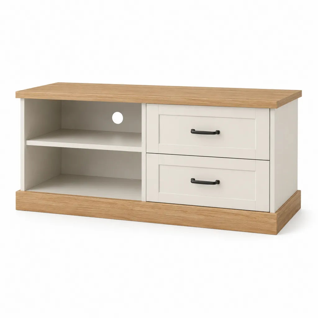 TV-Lowboard mit 2 Schubladen und offenen Fachern MDF in Weiss und Eichenoptik 120 x 40 x 55 cm