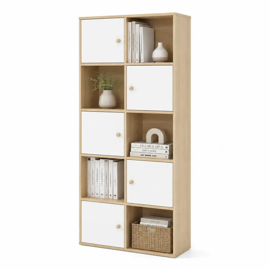 Bucherregal mit 5 Turen und 5 offenen Fachern 60 x 30 x 160 cm Spanplatte rechteckig Eiche hell Weiss