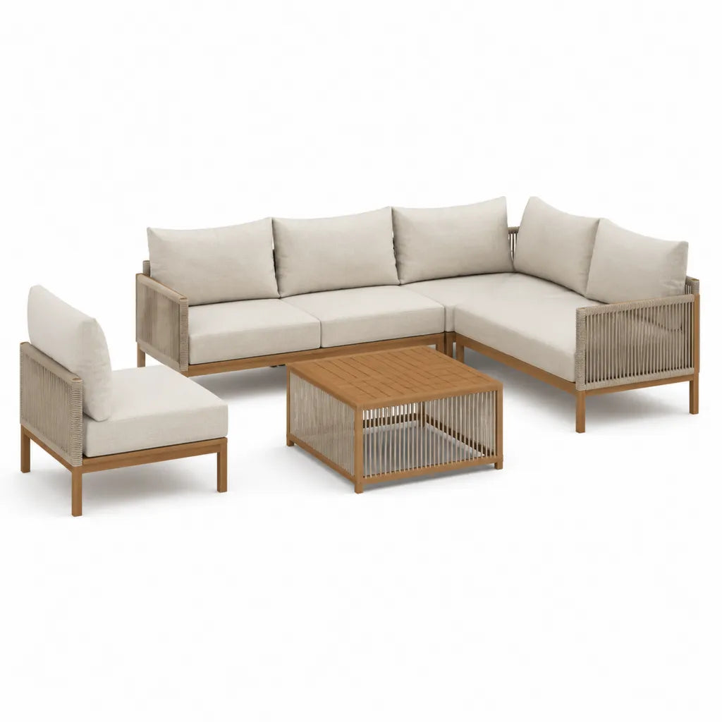 Gartenlounge Set mit Ecksofa Sessel und Couchtisch aus Akazienholz Polyester Beige 210 x 210 x 70 cm