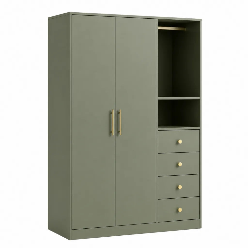 Kleiderschrank mit 2 Turen 4 Schubladen und offenen Fachern MDF 120 x 50 x 180 cm Olivgrun