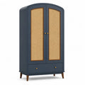 Kleiderschrank 2 Turen 1 Schublade mit Rattangeflecht MDF Dunkelblau Natur 100 x 55 x 190 cm