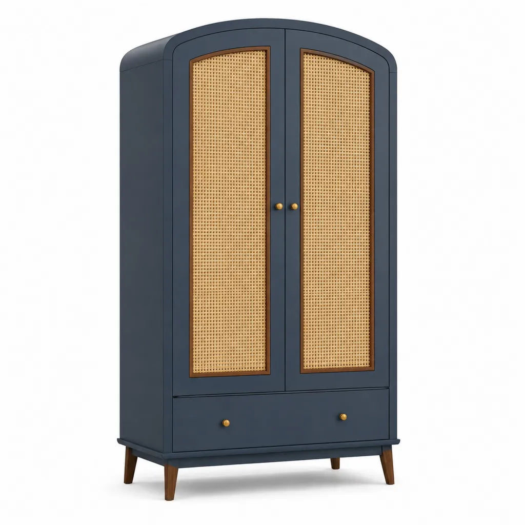 Kleiderschrank 2 Turen 1 Schublade mit Rattangeflecht MDF Dunkelblau Natur 100 x 55 x 190 cm