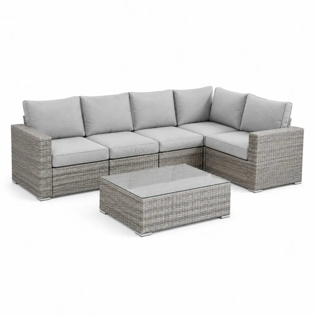 Gartenlounge Ecksofa Set 5-teilig Polyrattan Grau mit Glastisch 240 x 240 cm