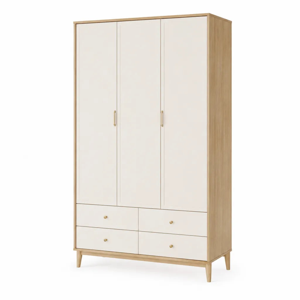 Kleiderschrank 3 Turen 4 Schubladen aus melaminharzbeschichteter Spanplatte in Weiss und Eiche 120 x 52 x 200 cm
