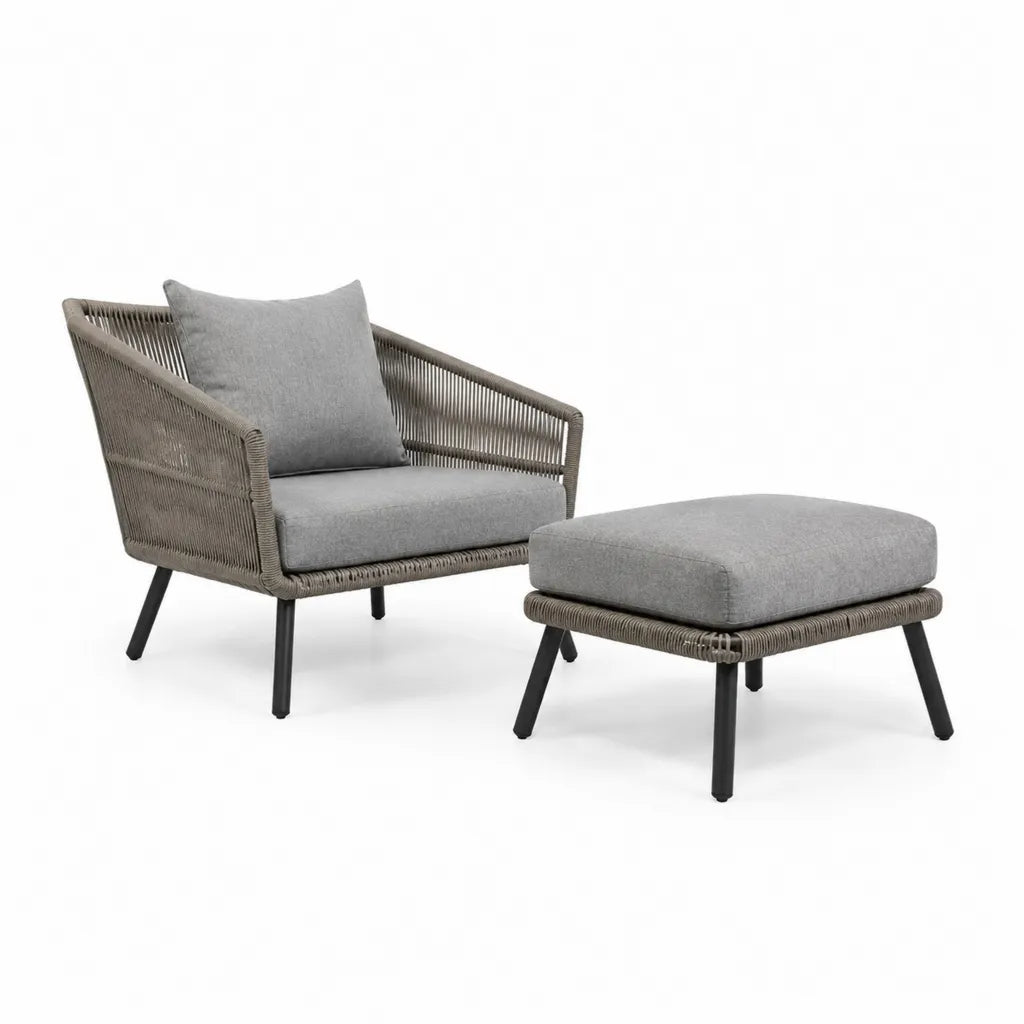 Gartensessel mit Fusshocker 2-teiliges Set Aluminium PE-Geflecht Polyester Grau 75 x 80 x 76 cm