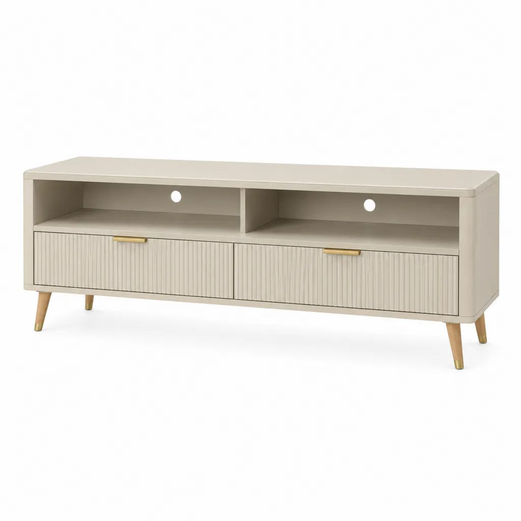 TV-Lowboard mit 2 Schubladen und Kabeldurchfuhrungen MDF Beige Gold 140 x 40 x 55 cm