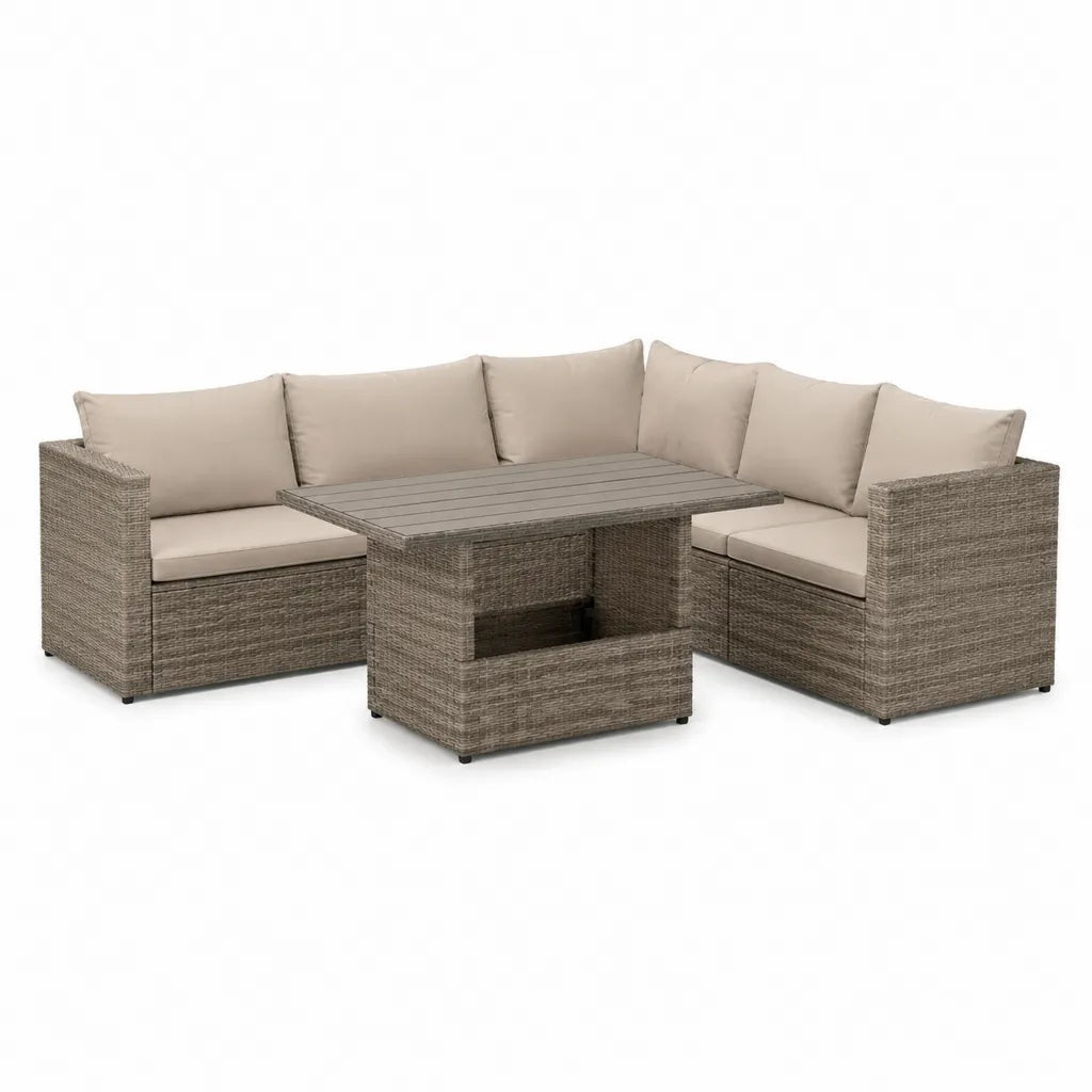 Polyrattan Gartensofa Set 3-teilig L-Form Greige mit Tisch 205 x 205 cm