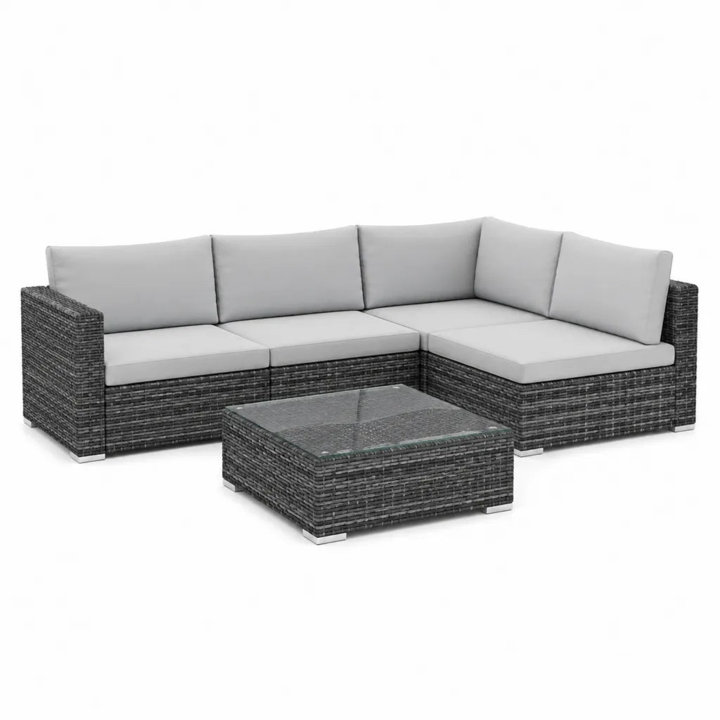 5-teiliges Gartenlounge Set Polyrattan Ecksofa mit Glastisch Grau Hellgrau 210 x 140 cm