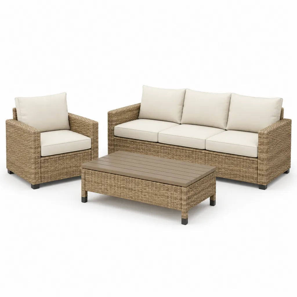 Gartenmobel-Set mit 3-Sitzer Sofa Sessel und Couchtisch Polyrattan Beige 191 x 75 x 75 cm