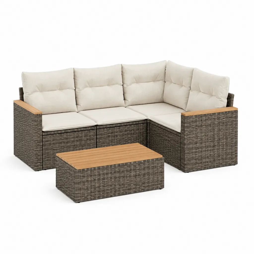 Gartenlounge Ecksofa Set 4-teilig 210 x 140 x 85 cm PE-Rattan Stahl Akazienholz Grau Beige