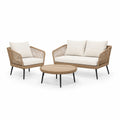 3-teiliges Gartenlounge-Set mit 2-Sitzer Sofa Sessel und rundem Couchtisch aus PE-Geflecht Stahl Creme Natur 130 x 75 x 78 cm