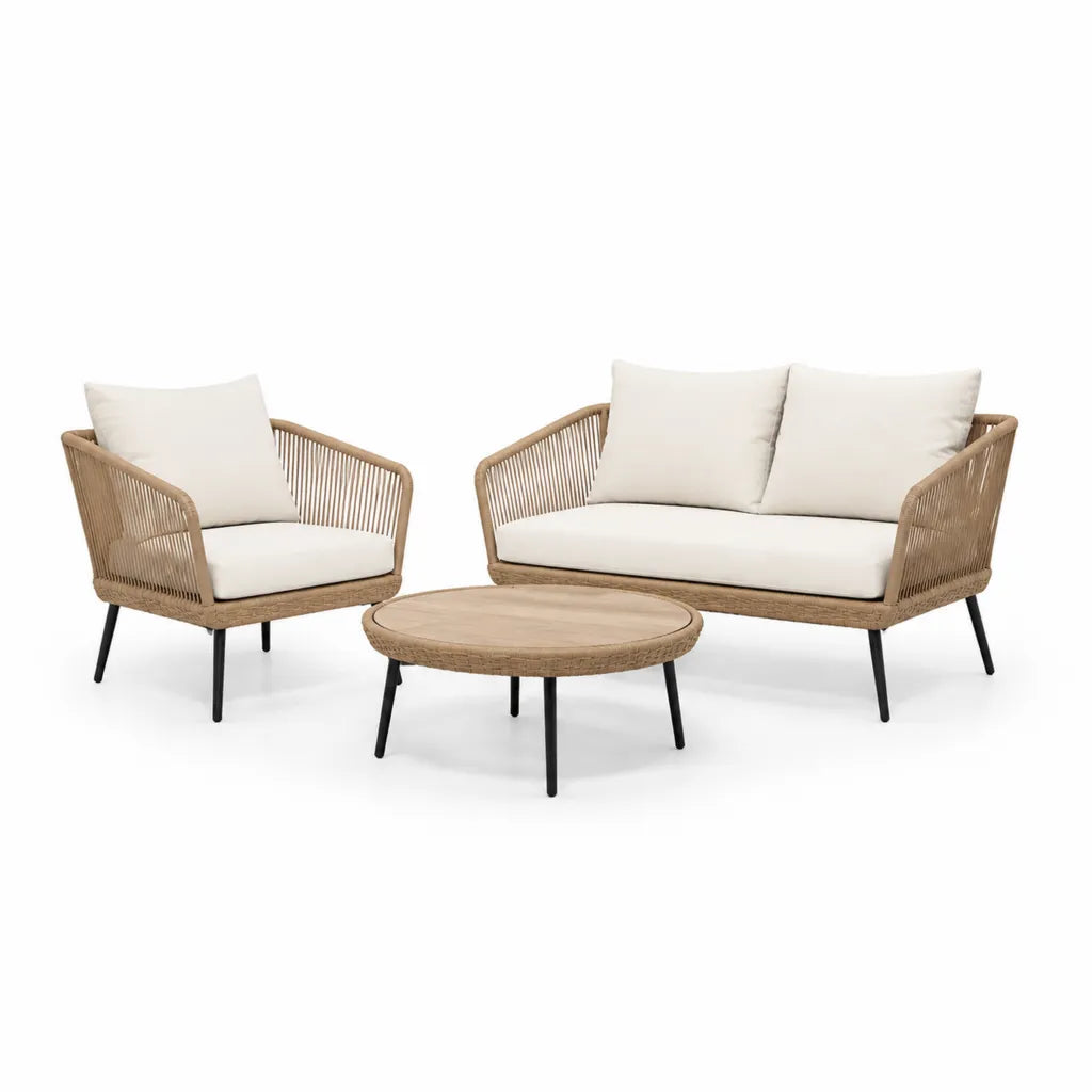 3-teiliges Gartenlounge-Set mit 2-Sitzer Sofa Sessel und rundem Couchtisch aus PE-Geflecht Stahl Creme Natur 130 x 75 x 78 cm