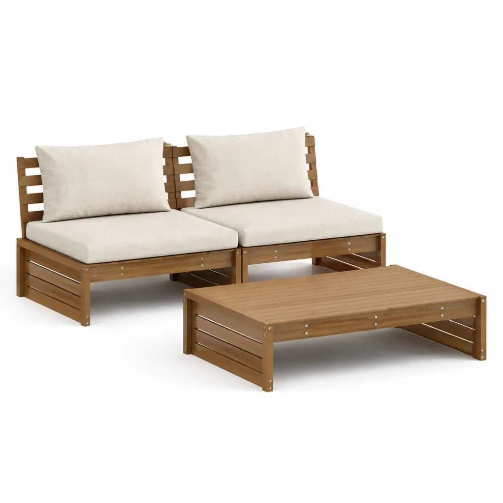 3-teiliges Gartenlounge Set aus massivem Akazienholz rechteckig Braun Beige mit 2-Sitzer Sofa 150 x 75 x 70 cm und Tisch 120 x 60 x 30 cm