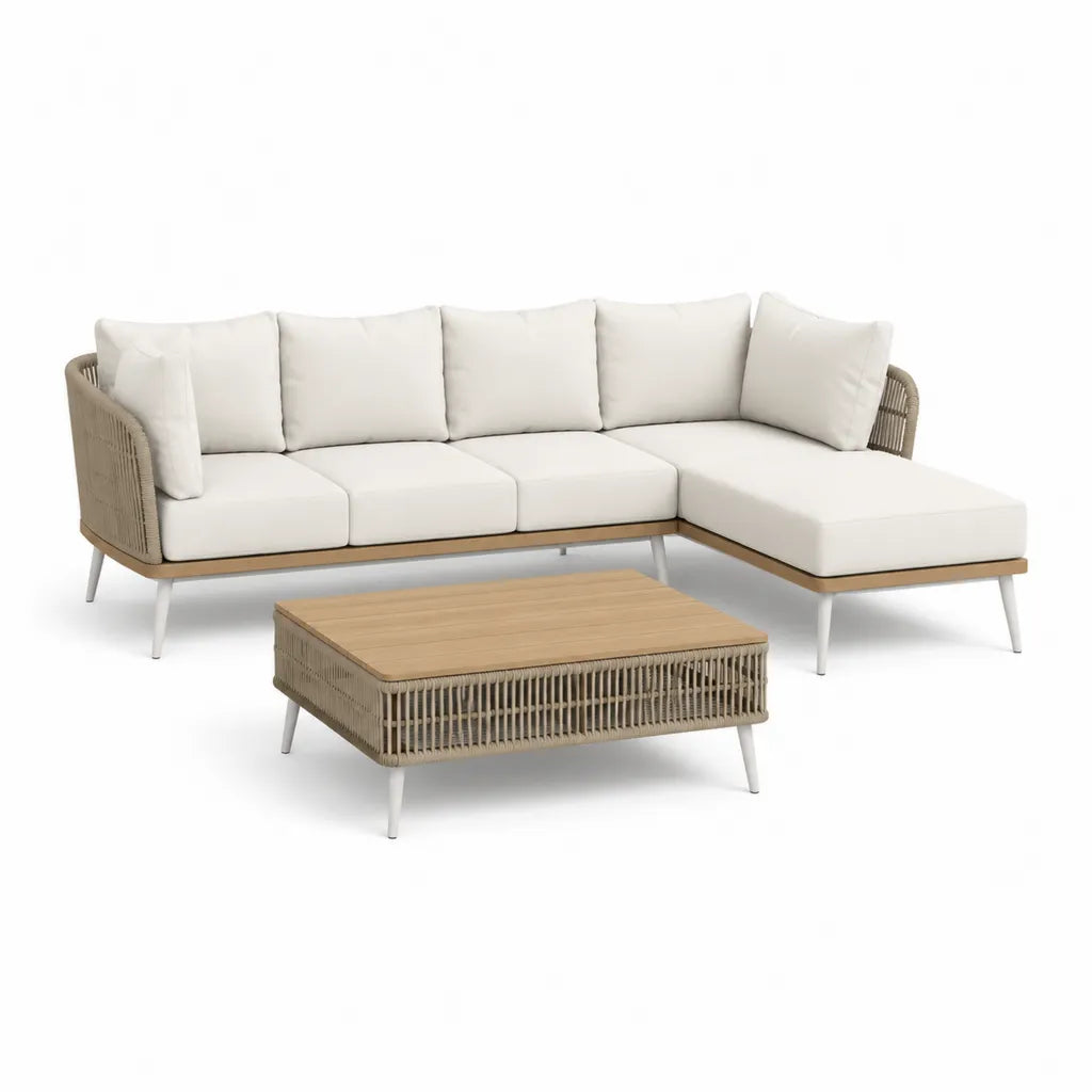 Gartenlounge Ecksofa Set mit Couchtisch PE-Rattan Beige Cremeweiss 270 x 200 cm