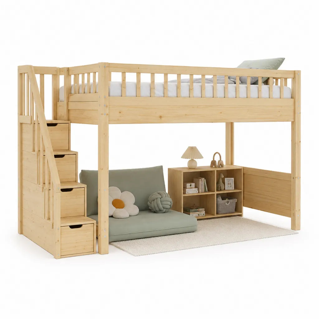 Kinderhochbett mit Stauraumtreppe 90 x 200 cm aus massivem Kiefernholz naturfarben