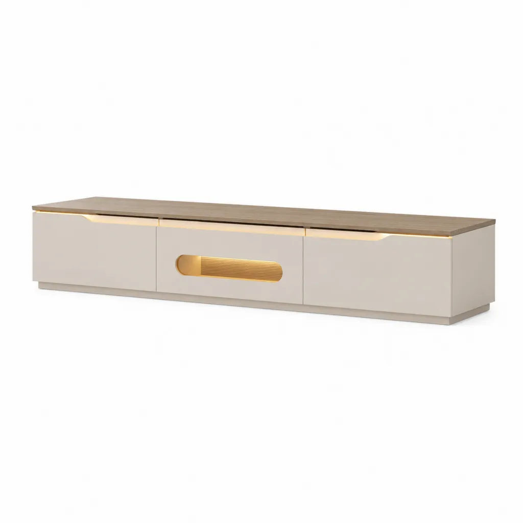 TV-Lowboard mit 3 Turen 200 x 40 x 45 cm aus MDF in Beige Braun und Gold