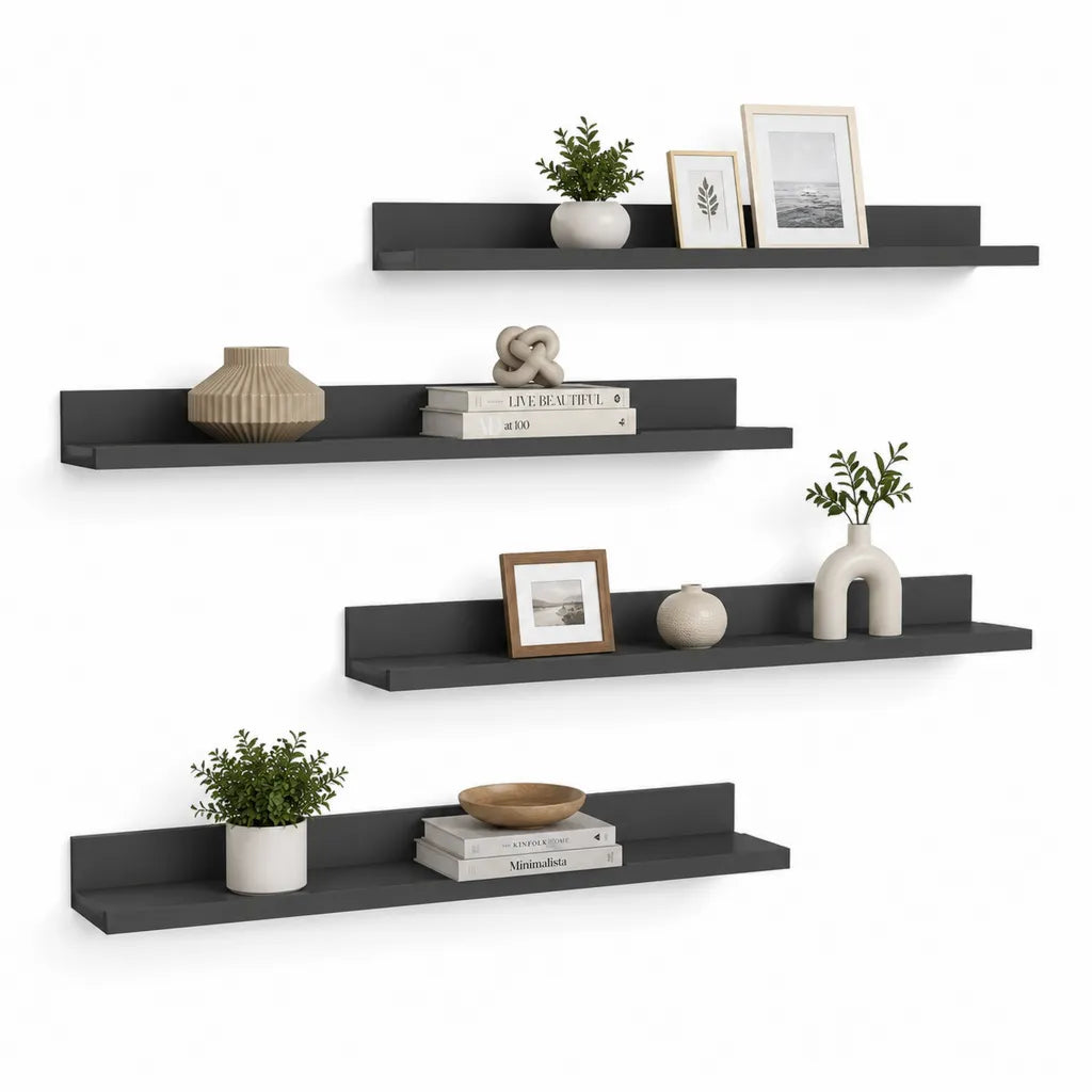 4er Set Wandregale aus melaminbeschichteter Spanplatte rechteckig Schwarz 60 x 15 x 10 cm