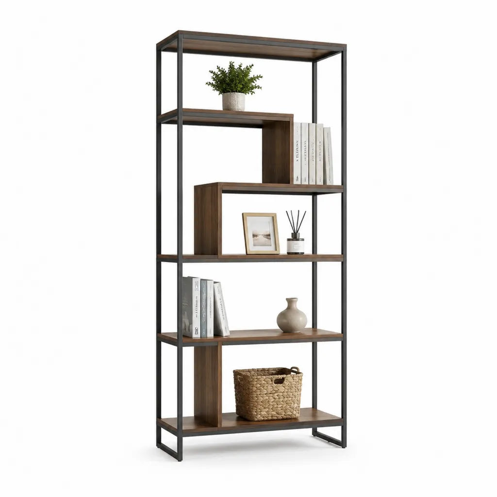 Bucherregal mit 5 Ablagen aus MDF und Stahl 80 x 30 x 180 cm rechteckig Walnussbraun Schwarz