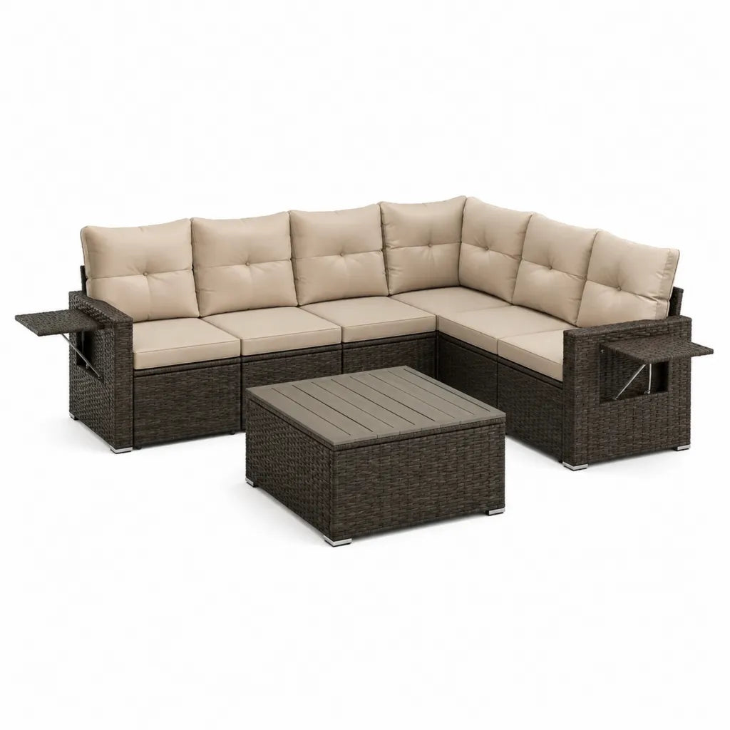 6-teiliges Gartenlounge Set Polyrattan Ecksofa mit Couchtisch 250 x 200 cm Braun Beige