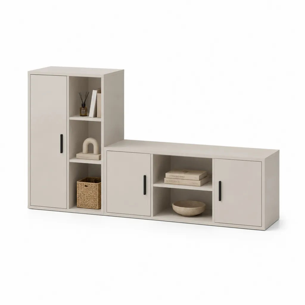 TV-Mobel Set mit Hochschrank und Lowboard aus MDF in Greige 170 x 35 x 120 cm