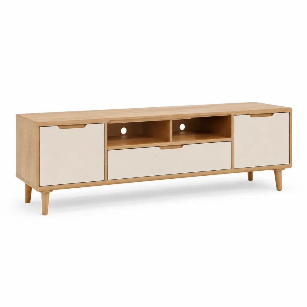 TV-Lowboard 160 x 40 x 55 cm aus MDF mit Eichenfurnier rechteckig Natur Cremeweiss