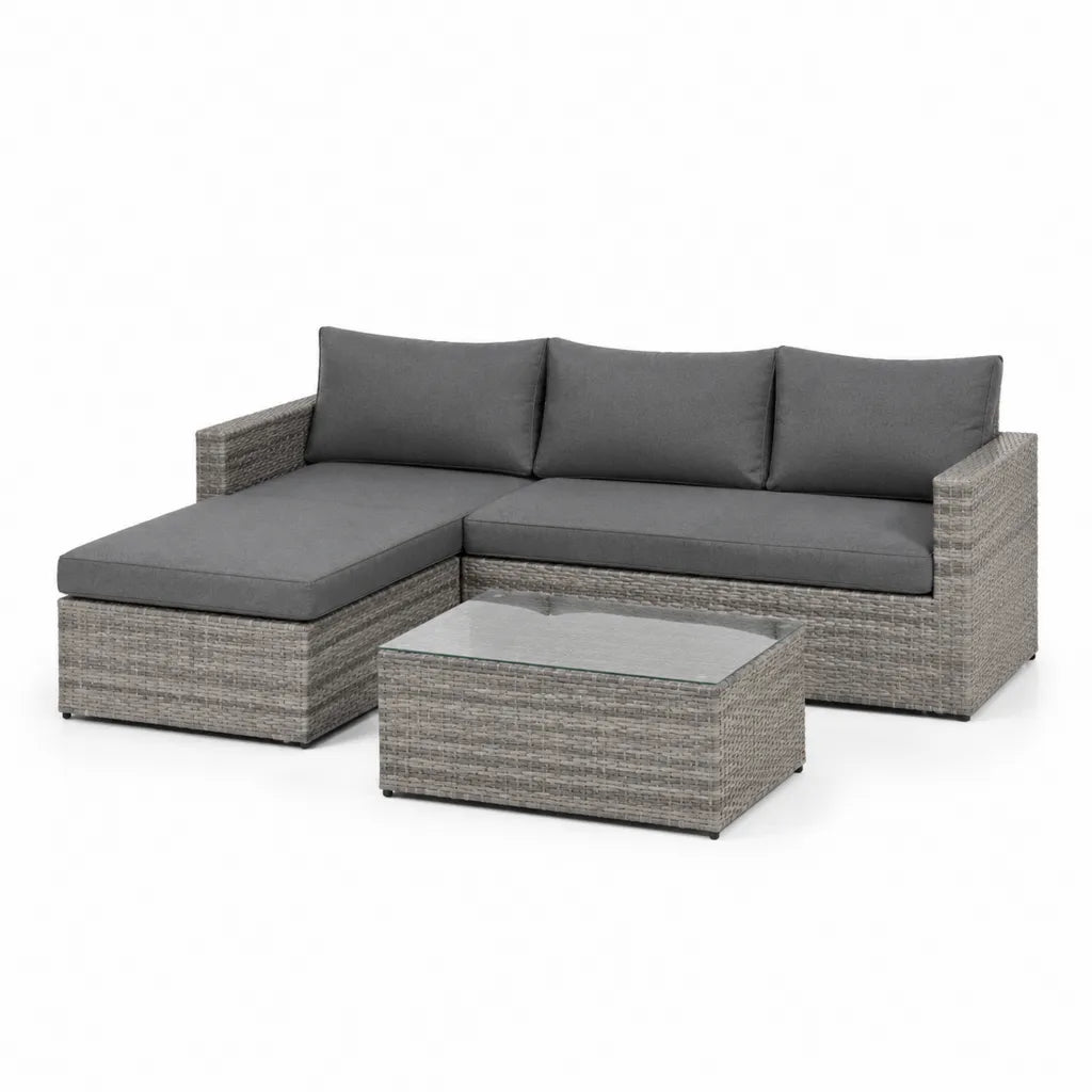 3-teiliges Gartensofa Set in L-Form aus PE-Rattan Grau mit Glastisch 203 x 139 x 63 cm