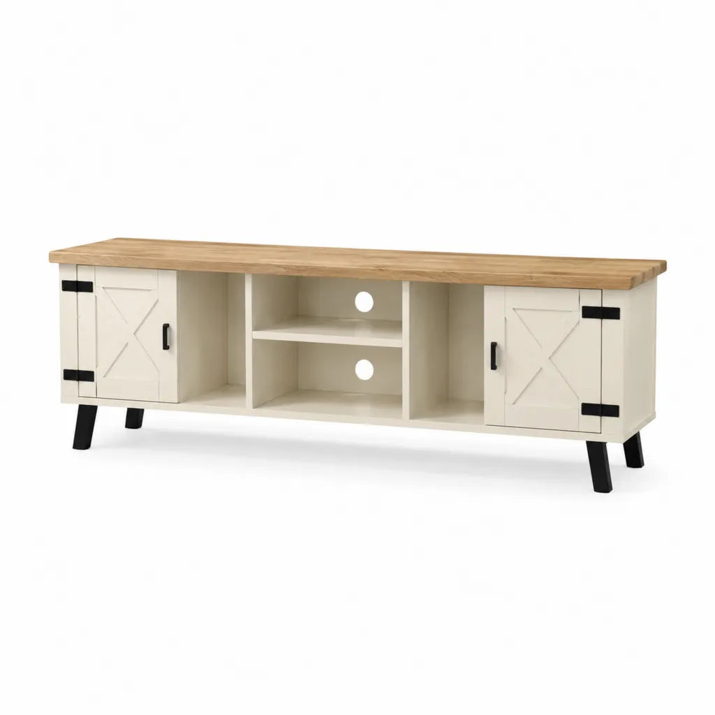 TV-Lowboard mit 2 Turen und offenen Fachern 160 x 40 x 55 cm aus MDF und Kiefernholz rechteckig Weiss Natur