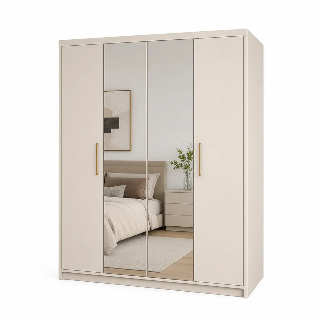 Kleiderschrank 4-turig mit 2 Spiegelturen 160 x 60 x 200 cm Spanplatte rechteckig Creme